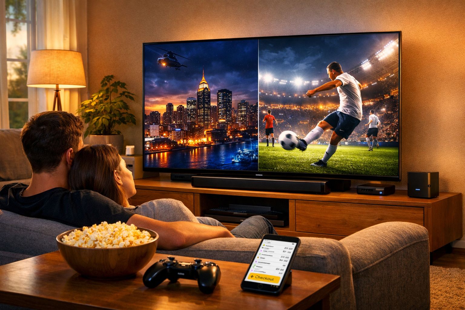 Casal no sofá assistindo TV com filme de futebol e cidade, com pipoca e controle ao lado.