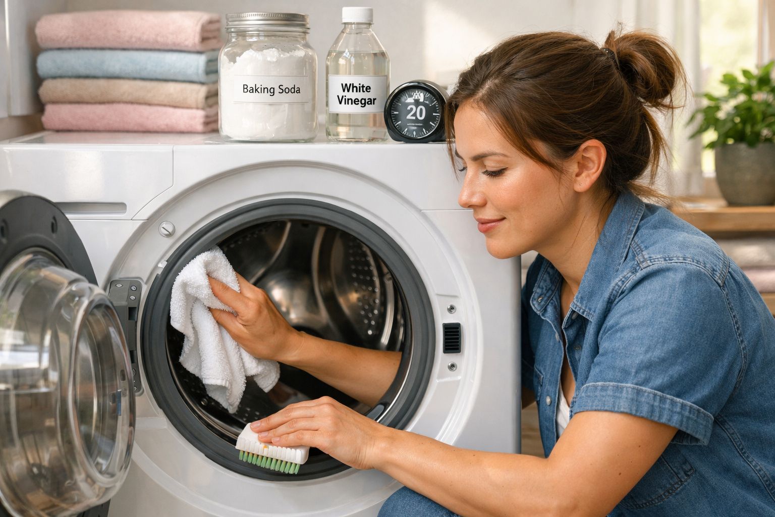 Mulher limpa a porta da máquina de lavar roupa com escova e pano branco em lavanderia.