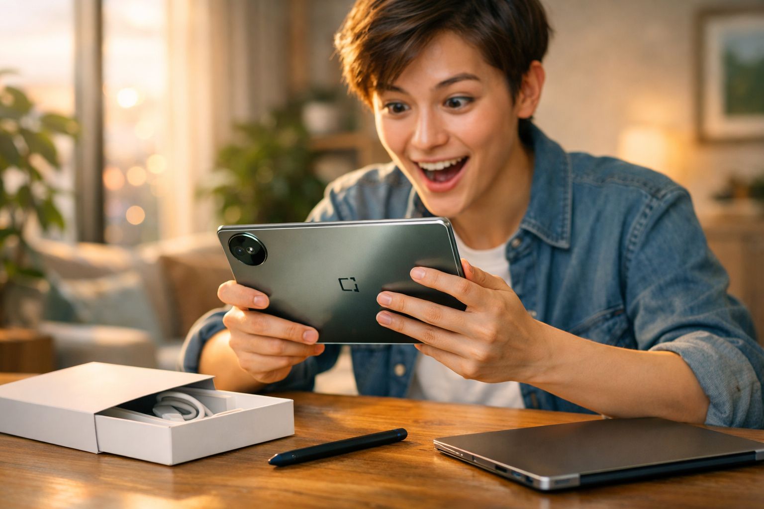 Pessoa sorridente usando um tablet cinza sentada à mesa com caixa aberta, fone e notebook ao redor.