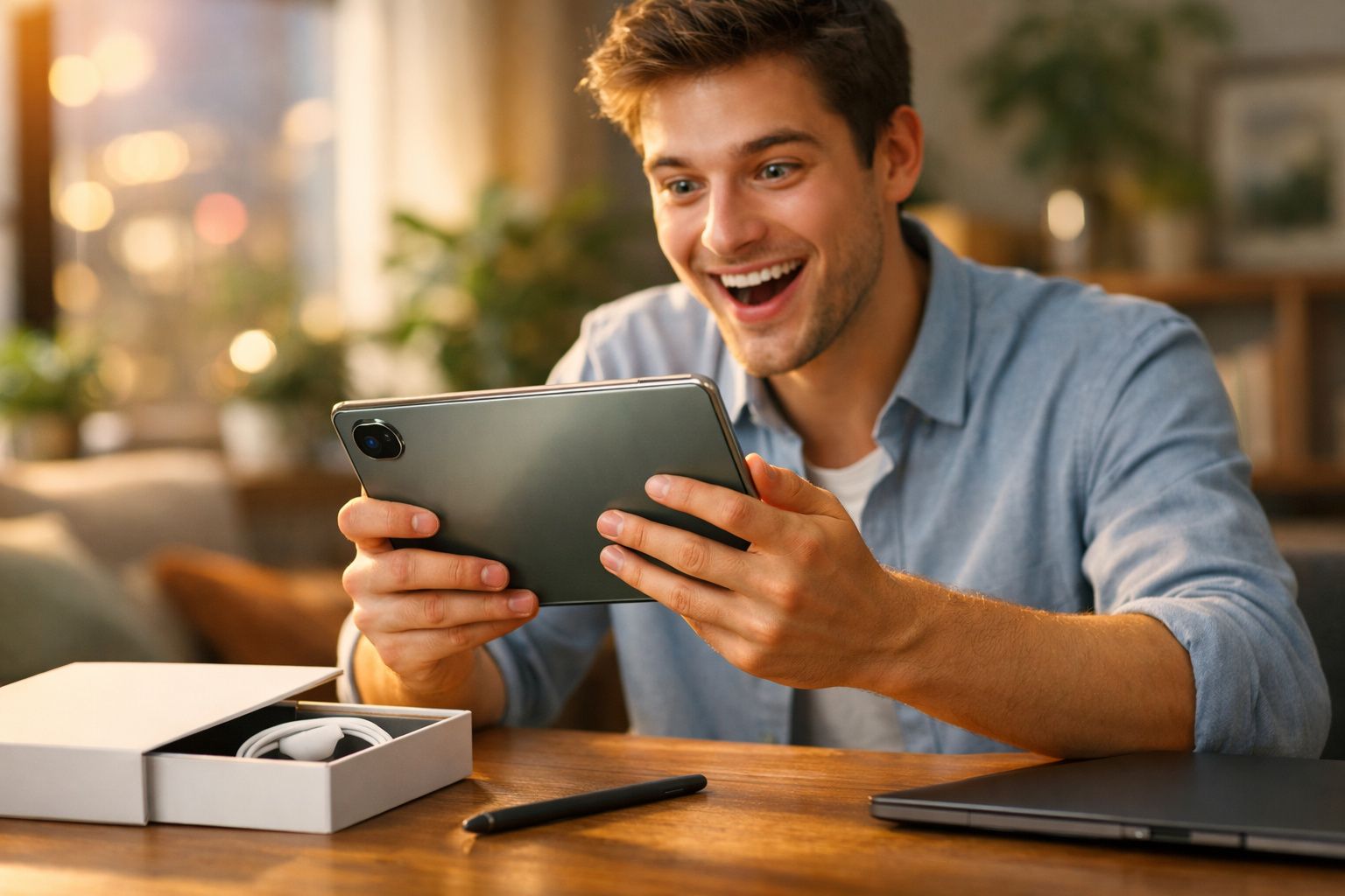 Homem sorridente olhando para tablet enquanto está sentado à mesa com caixa e fones ao lado.