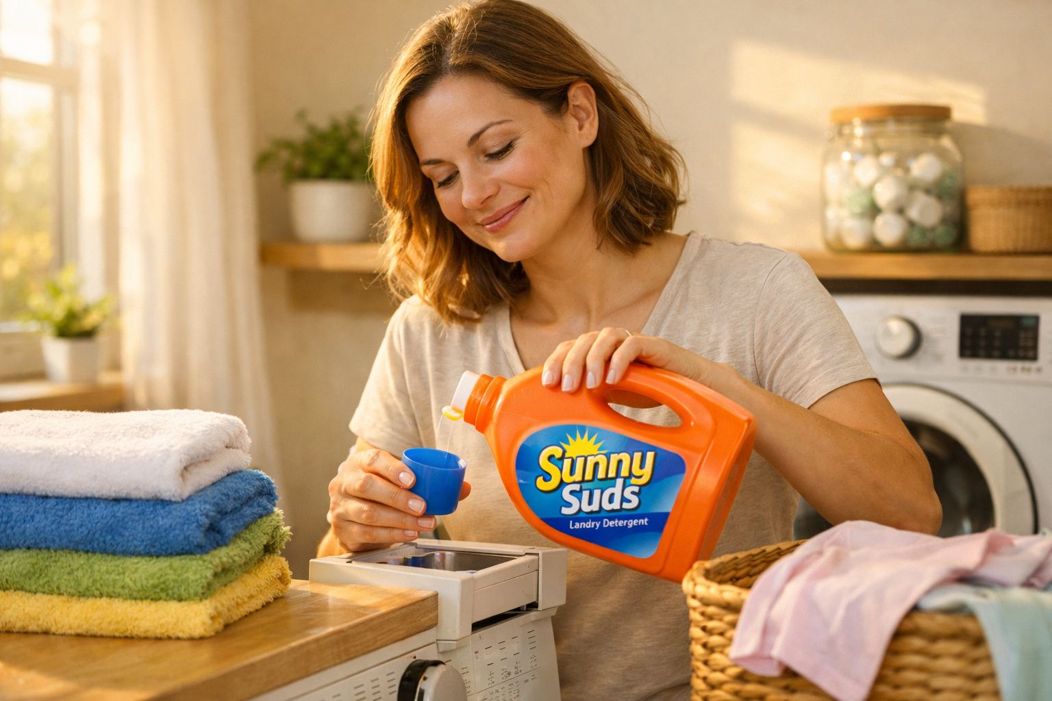 Mulher sorridente despejando detergente líquido em máquina de lavar roupa na lavanderia.