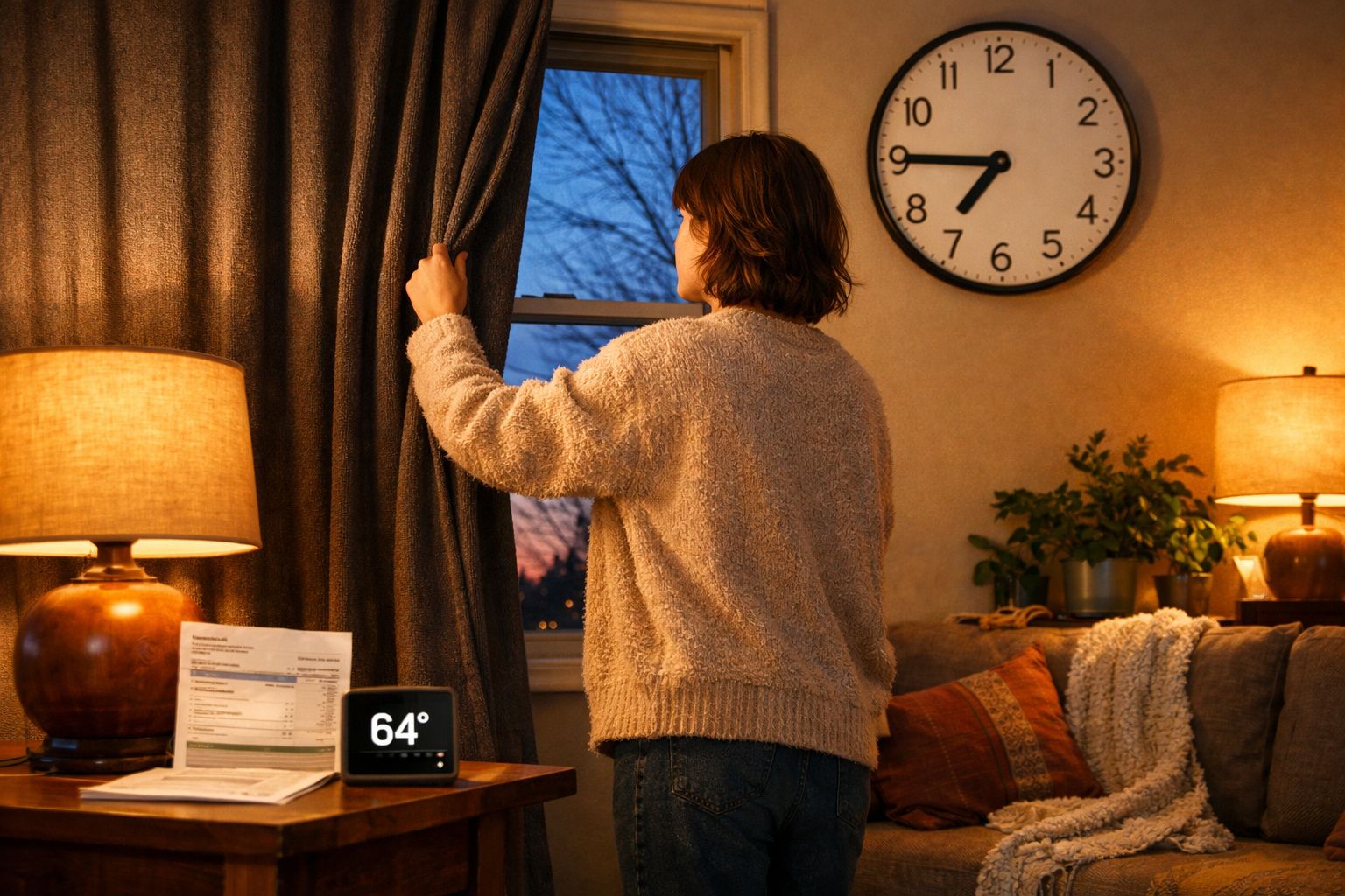Pessoa abrindo cortina ao entardecer em sala com decoração aconchegante e relógio marcando 19h42.