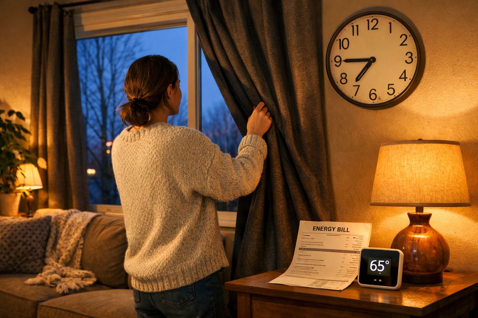 Mulher abre cortina perto de relógio de parede e conta de energia em mesa iluminada por abajur.