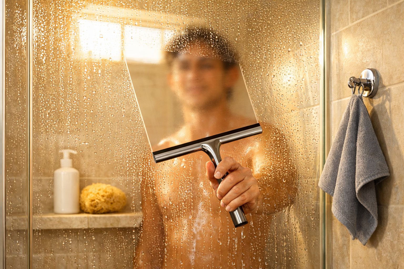 Pessoa limpando o vidro do box do banheiro com um rodo, deixando a área transparente e visível.