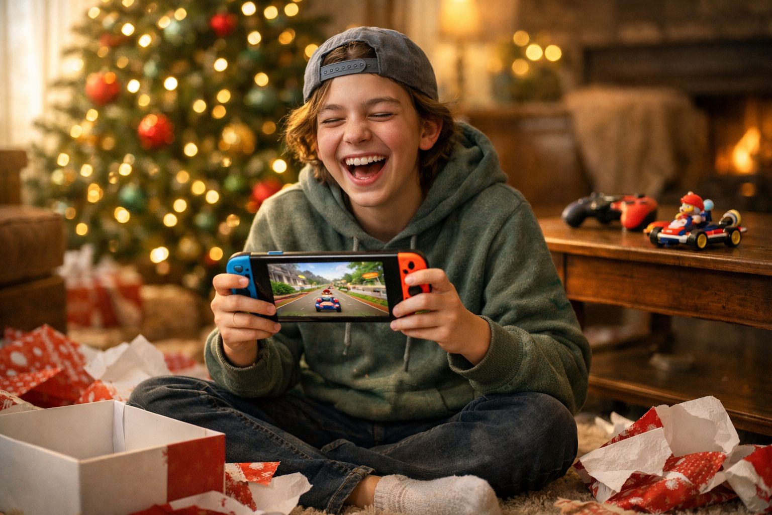 Criança sorridente joga videogame portátil em sala decorada para Natal com árvore e presentes ao redor.