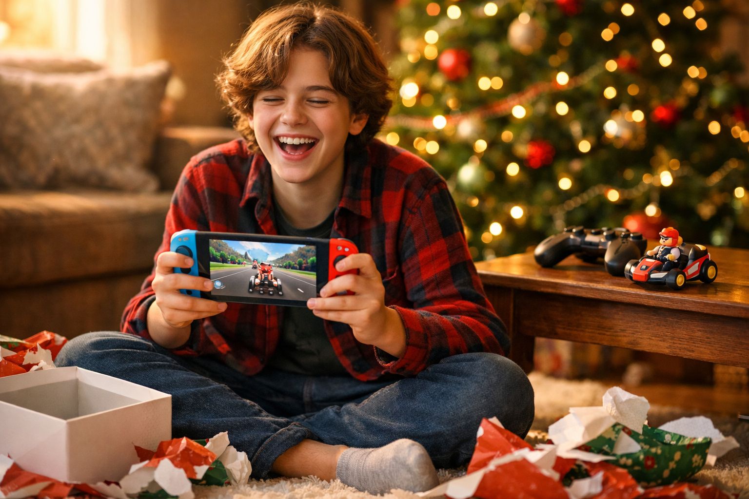 Criança sorridente jogando videogame portátil em ambiente festivo com árvore de Natal ao fundo.