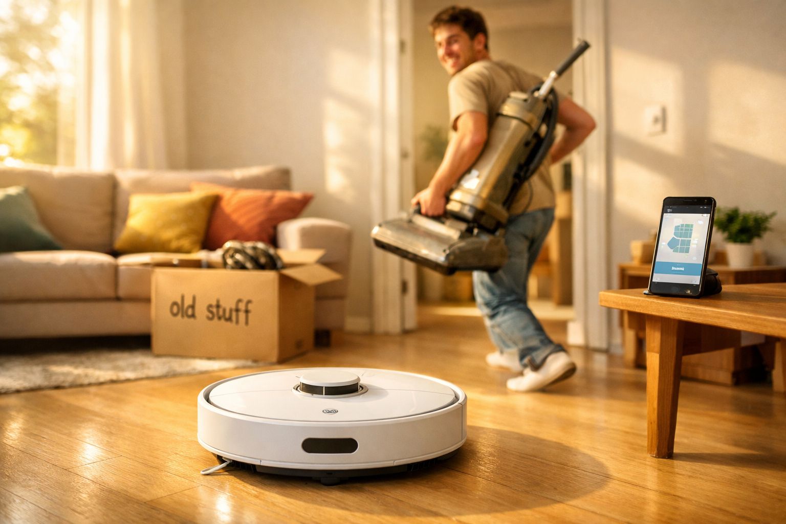 Robô aspirador branco limpando chão de madeira com homem ao fundo e móveis na sala iluminada.