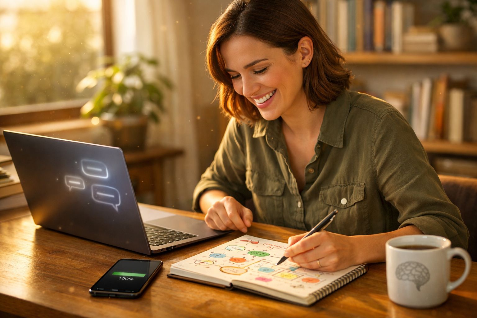 Mulher sorrindo faz anotações em caderno, com notebook aberto, celular carregando e xícara sobre mesa.