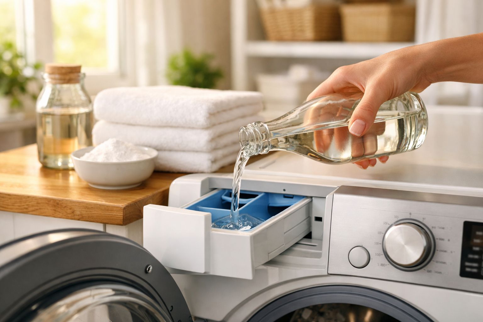 Pessoa despejando vinagre em máquina de lavar branca com toalhas e ingredientes naturais ao fundo.
