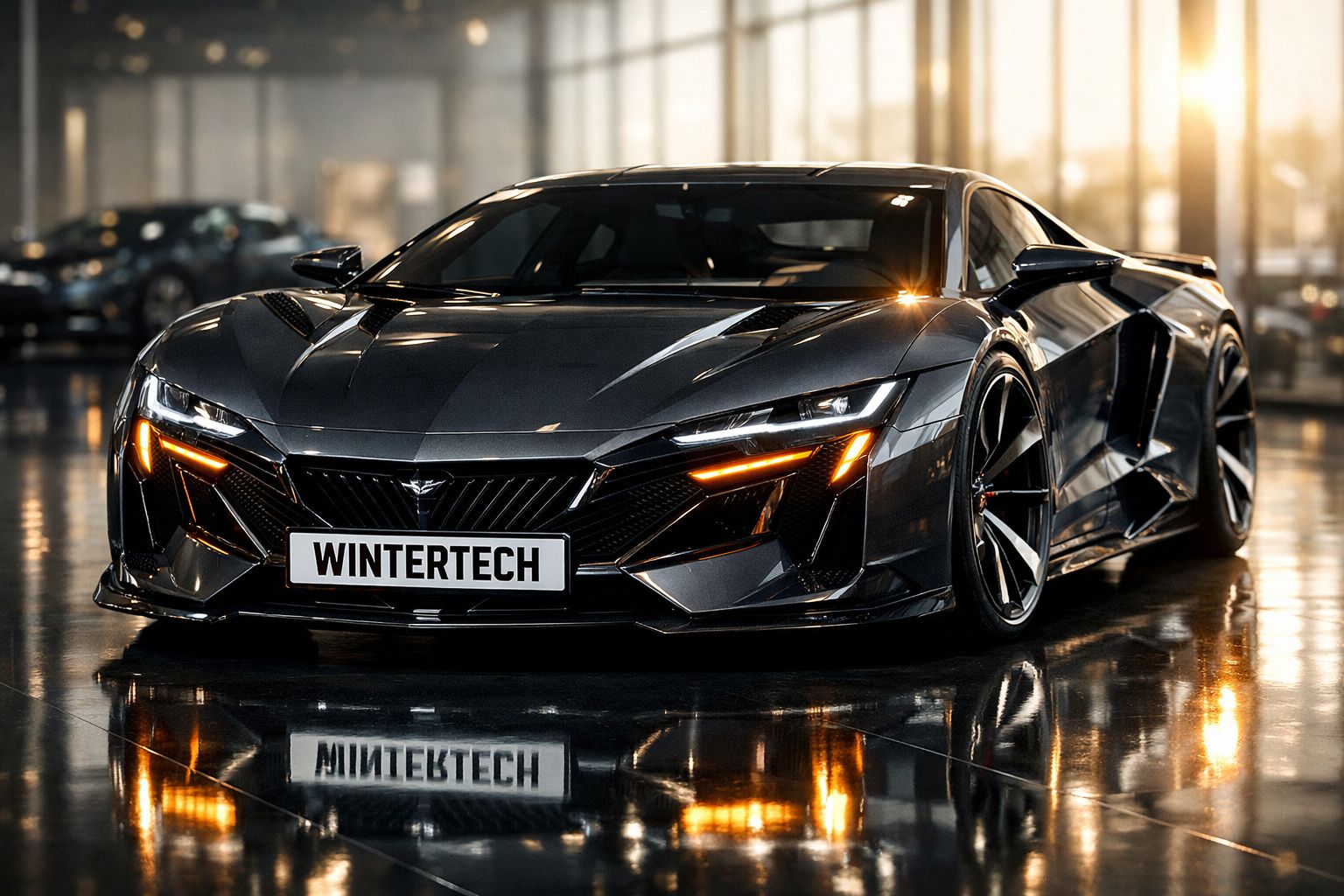 Carro esportivo preto com design futurista e faróis acesos refletido no piso brilhante de garagem.