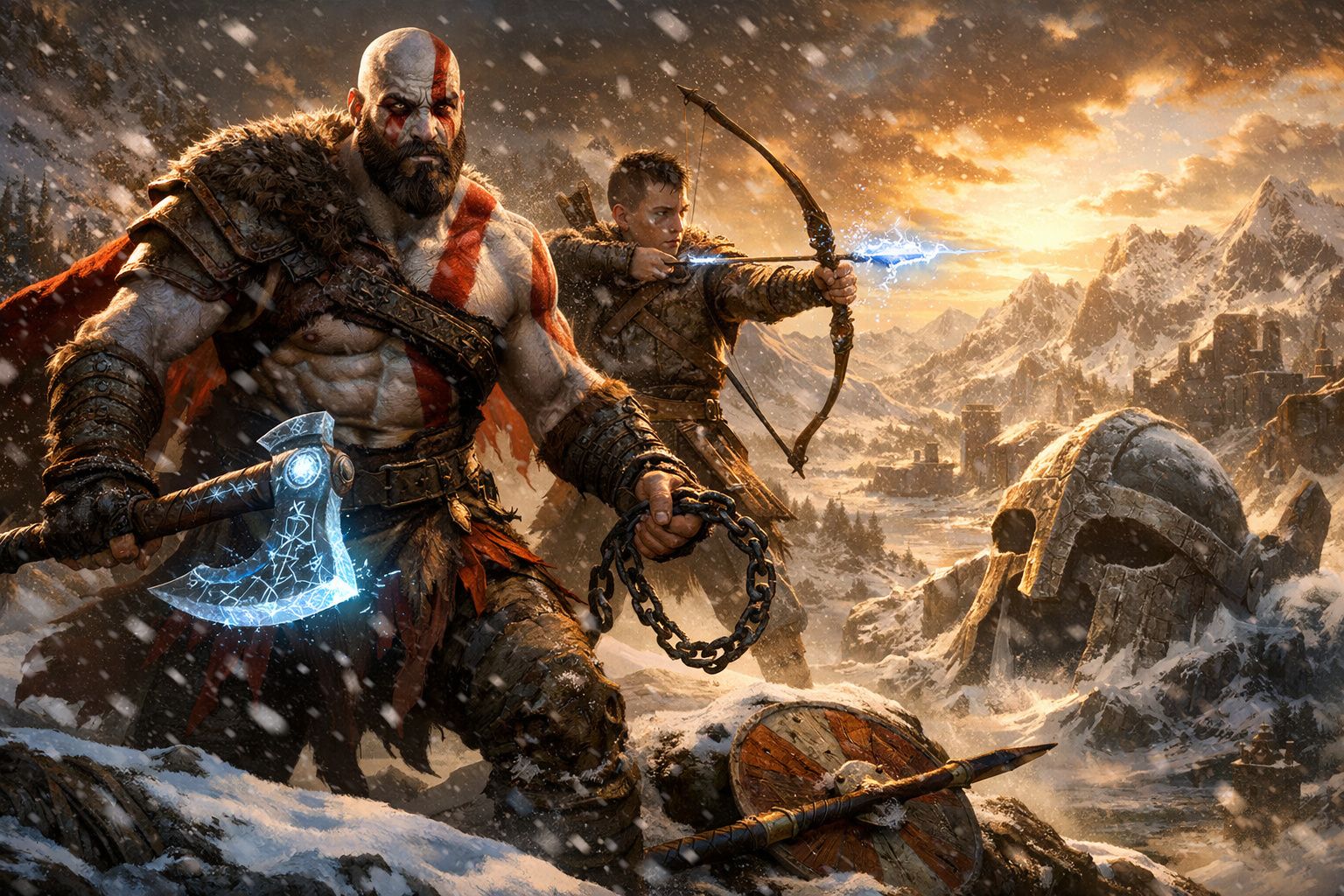 Dois guerreiros nórdicos armados em cenário de neve com montanhas ao fundo ao pôr do sol.