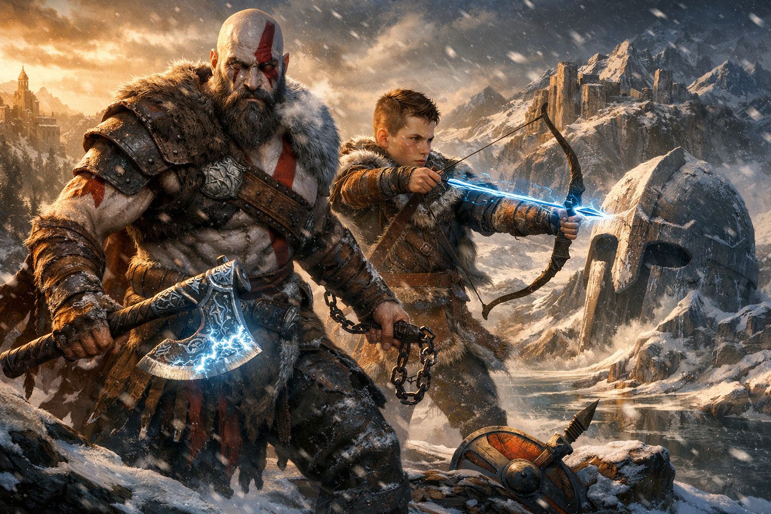 Guerreiro musculoso com machado elétrico e jovem arqueiro em montanha nevada com capacete gigante.