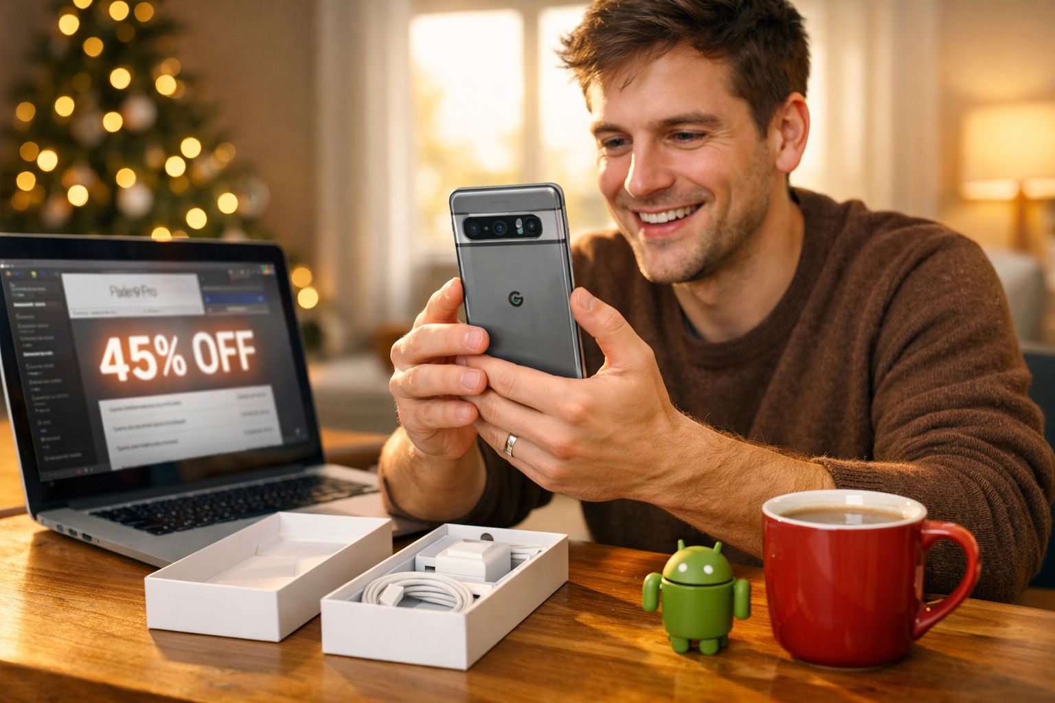 Homem sorridente segurando celular novo, com laptop mostrando desconto e itens do aparelho na mesa.