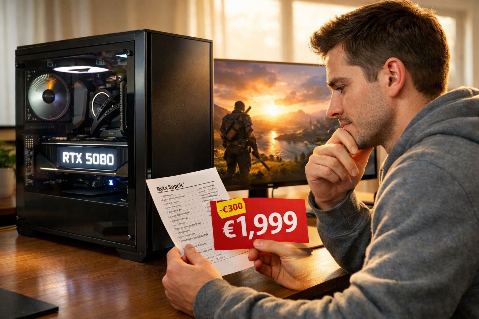 Homem analisando preço de GPU RTX 5080 próximo a computador e monitor com jogo aberto.