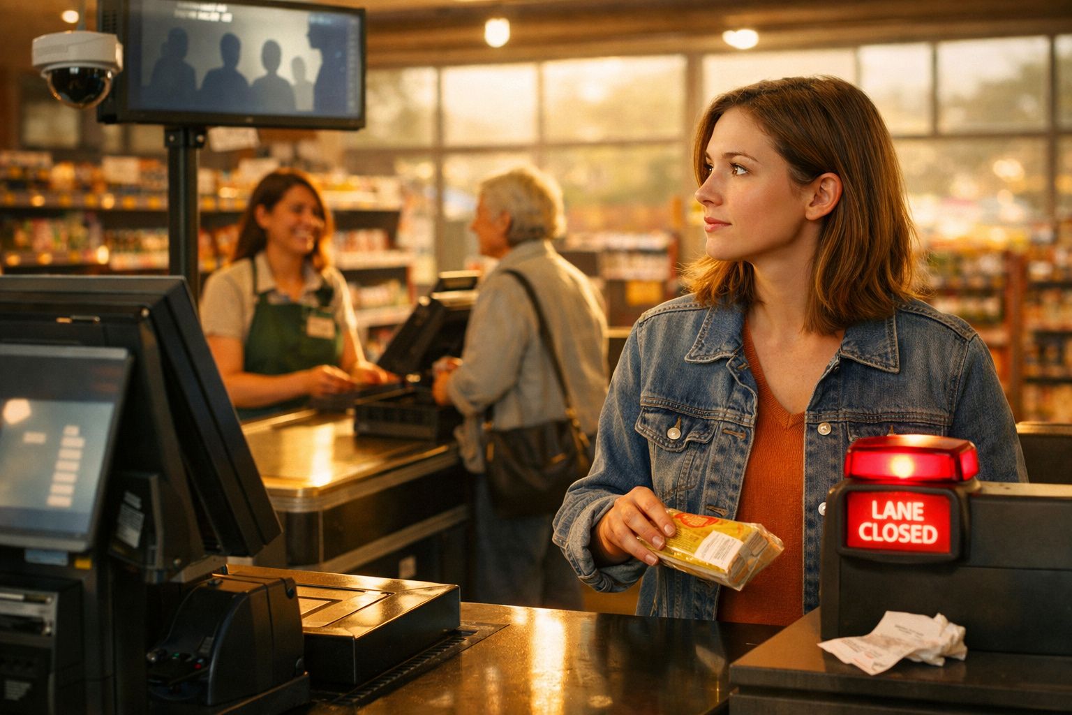 Mulher segurando produto em caixa de supermercado com sinal de caixa fechada em destaque.