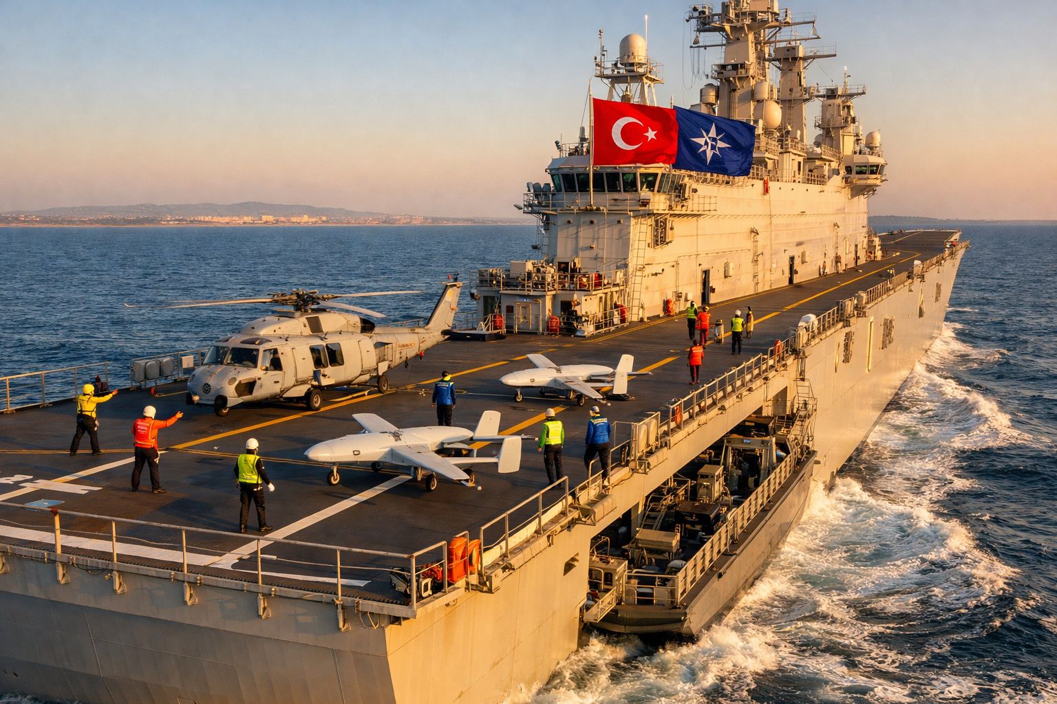 Porta-aviões com helicóptero, drones e tripulação a bordo navegando em mar calmo ao entardecer.