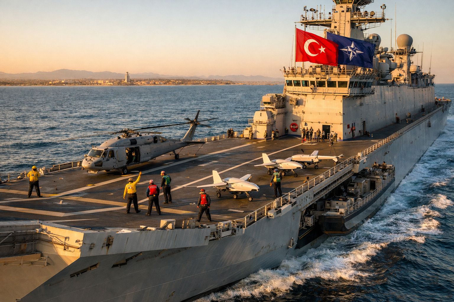 Porta-aviões com helicóptero, drones e tripulação no convés, navegando ao pôr do sol com bandeiras da Turquia e OTAN.
