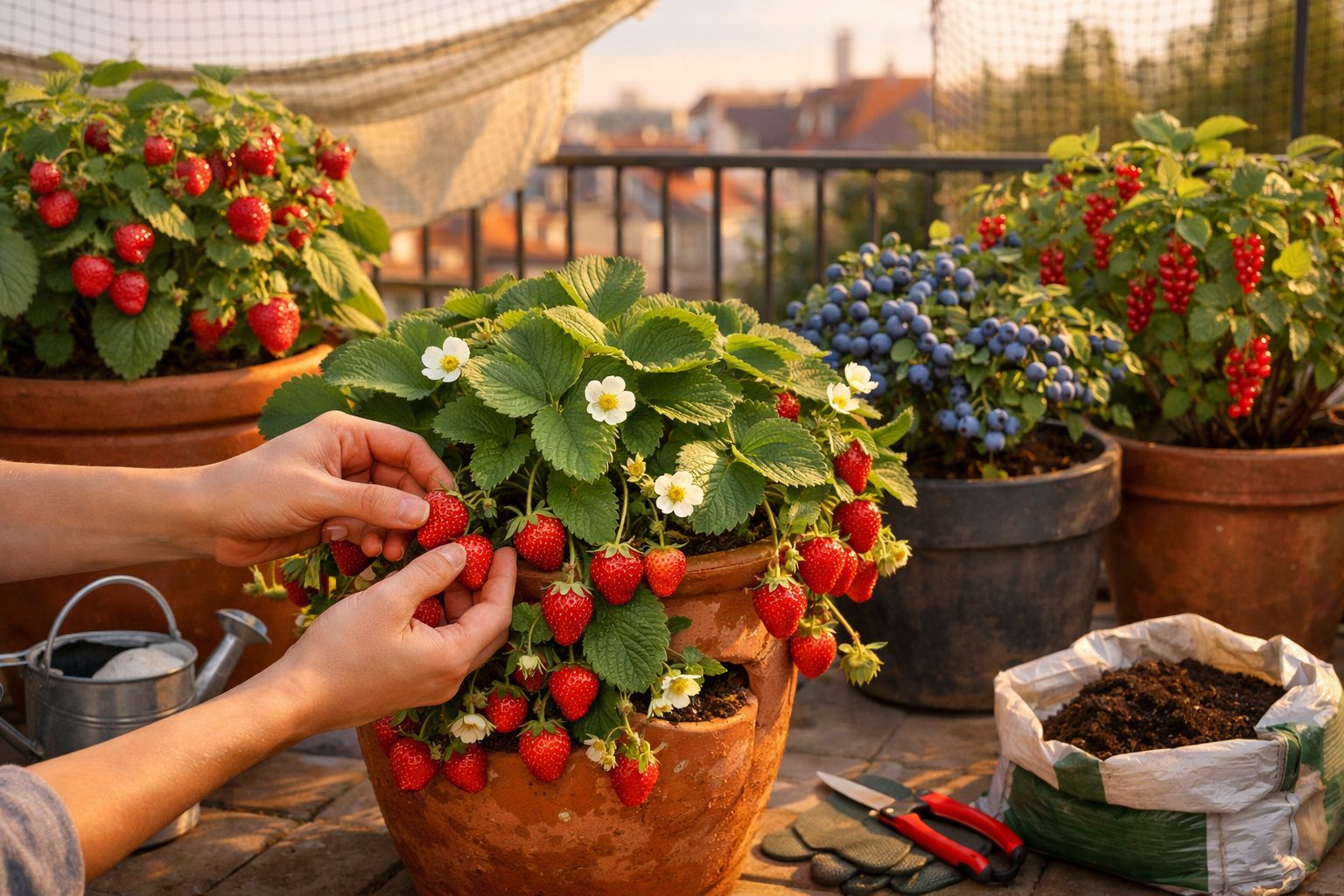 Mãos colhendo morangos vermelhos em vaso com outras plantas e ferramentas de jardinagem ao fundo.