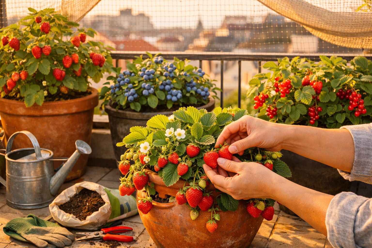 Mãos colhendo morangos em vaso com outros vasos de frutas e regador ao fundo em varanda ensolarada.
