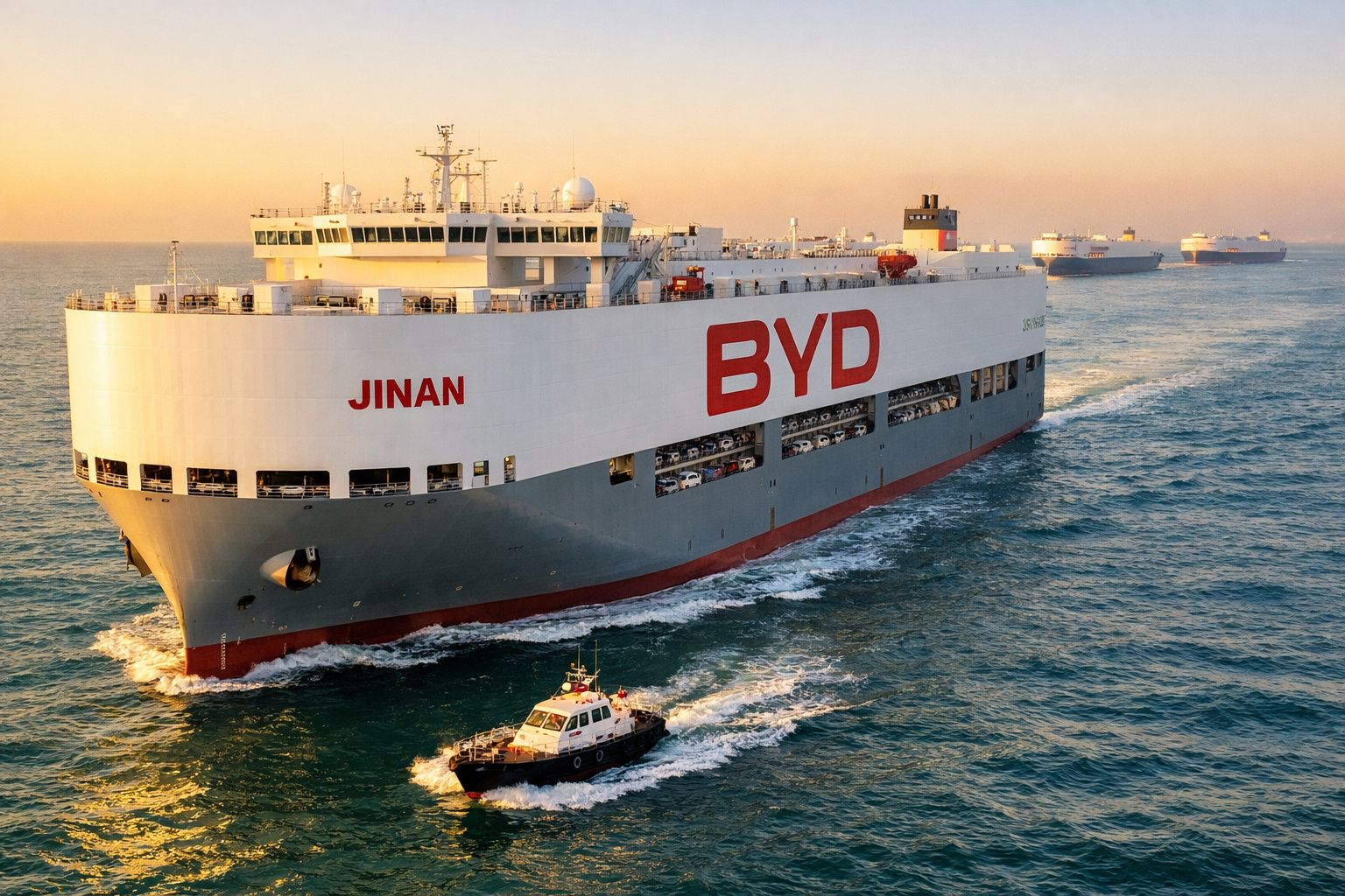 Navio cargueiro branco com letras vermelhas BYD JINAN navegando no mar ao entardecer, acompanhado por um rebocador.