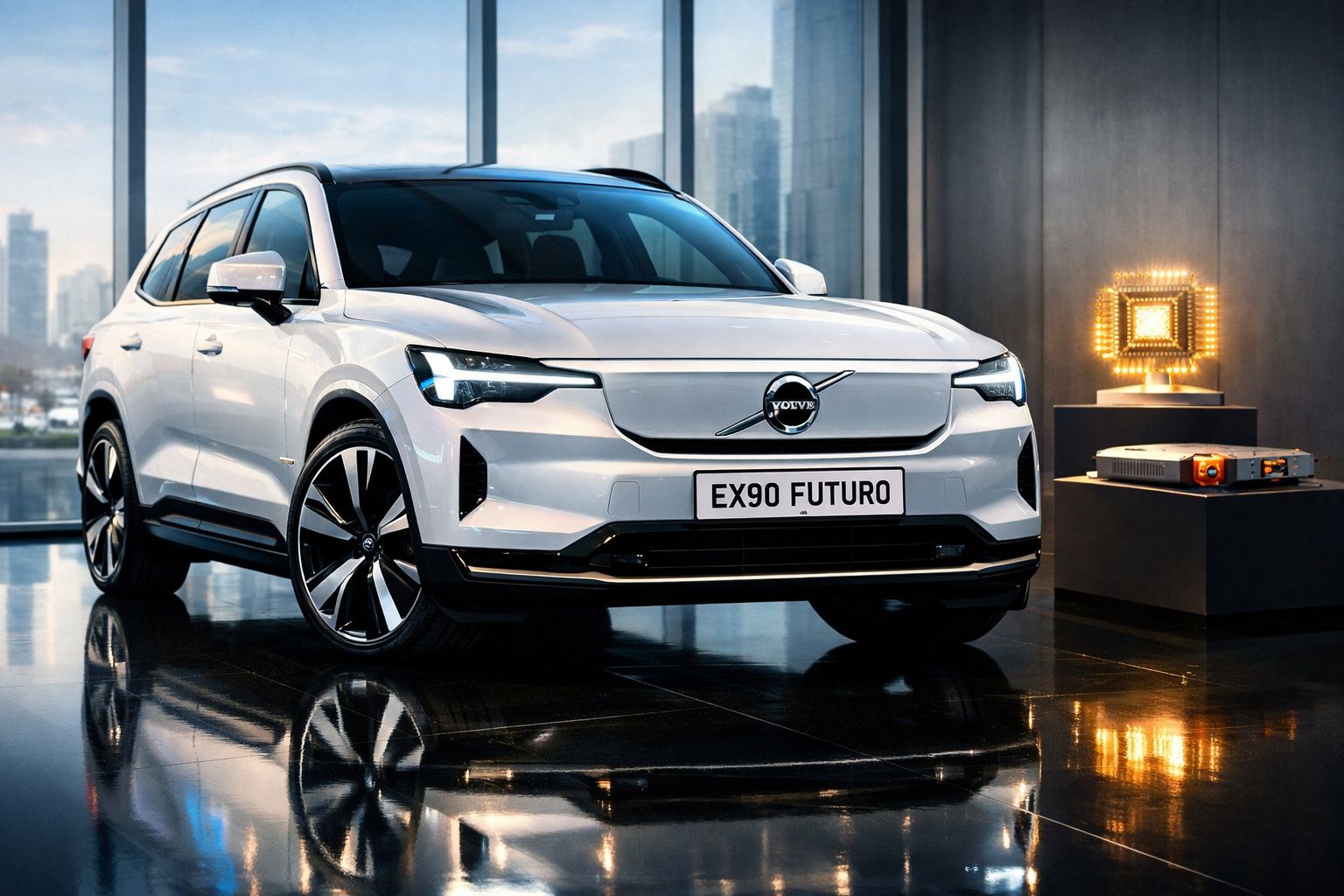 Carro elétrico branco Volvo EX90 Futuro em ambiente moderno refletindo no chão de vidro.