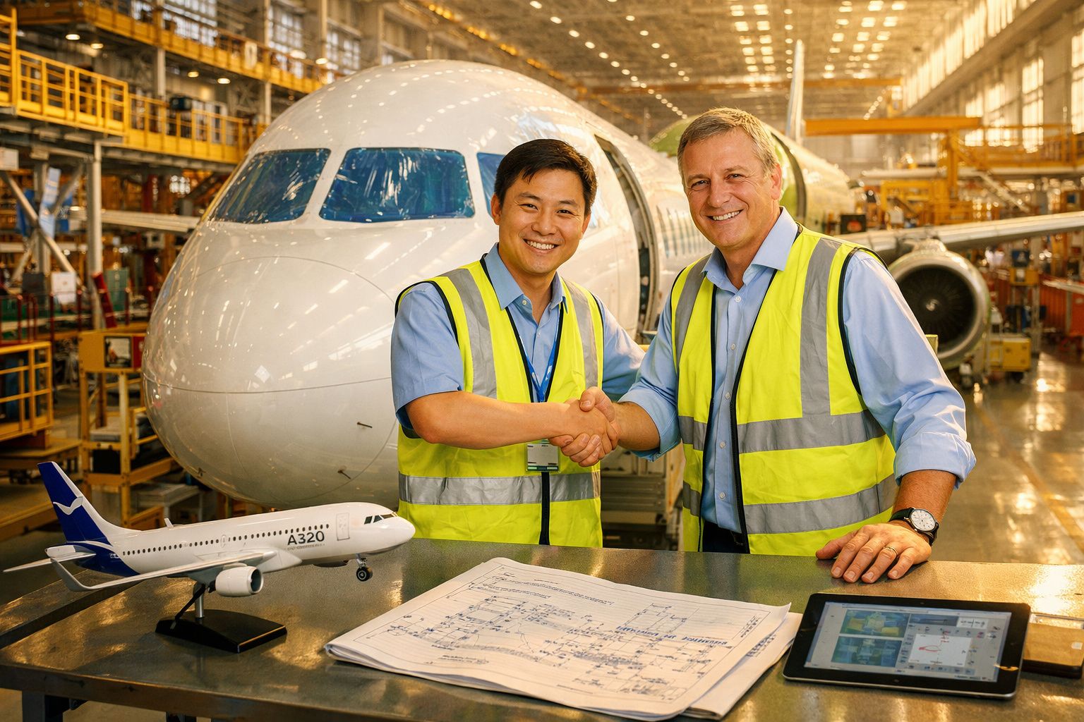 Dois engenheiros em coletes refletores apertando as mãos dentro de hangar com avião e modelo de A320.