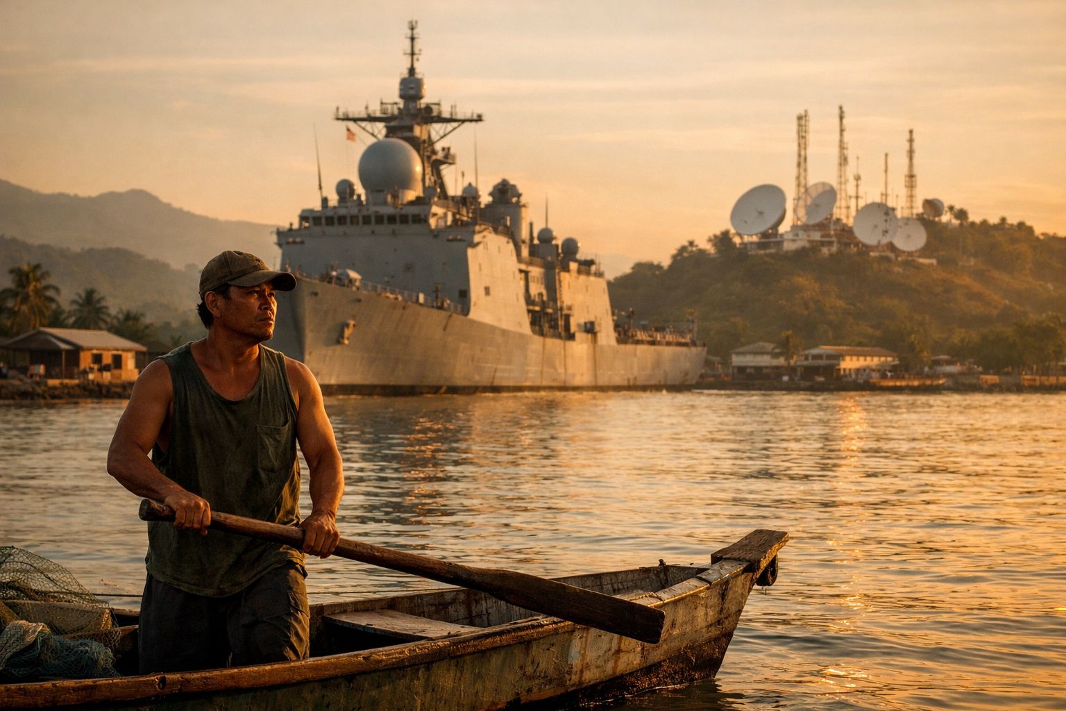 Homem remando em barco de madeira próximo a navio de guerra ancorado ao pôr do sol.