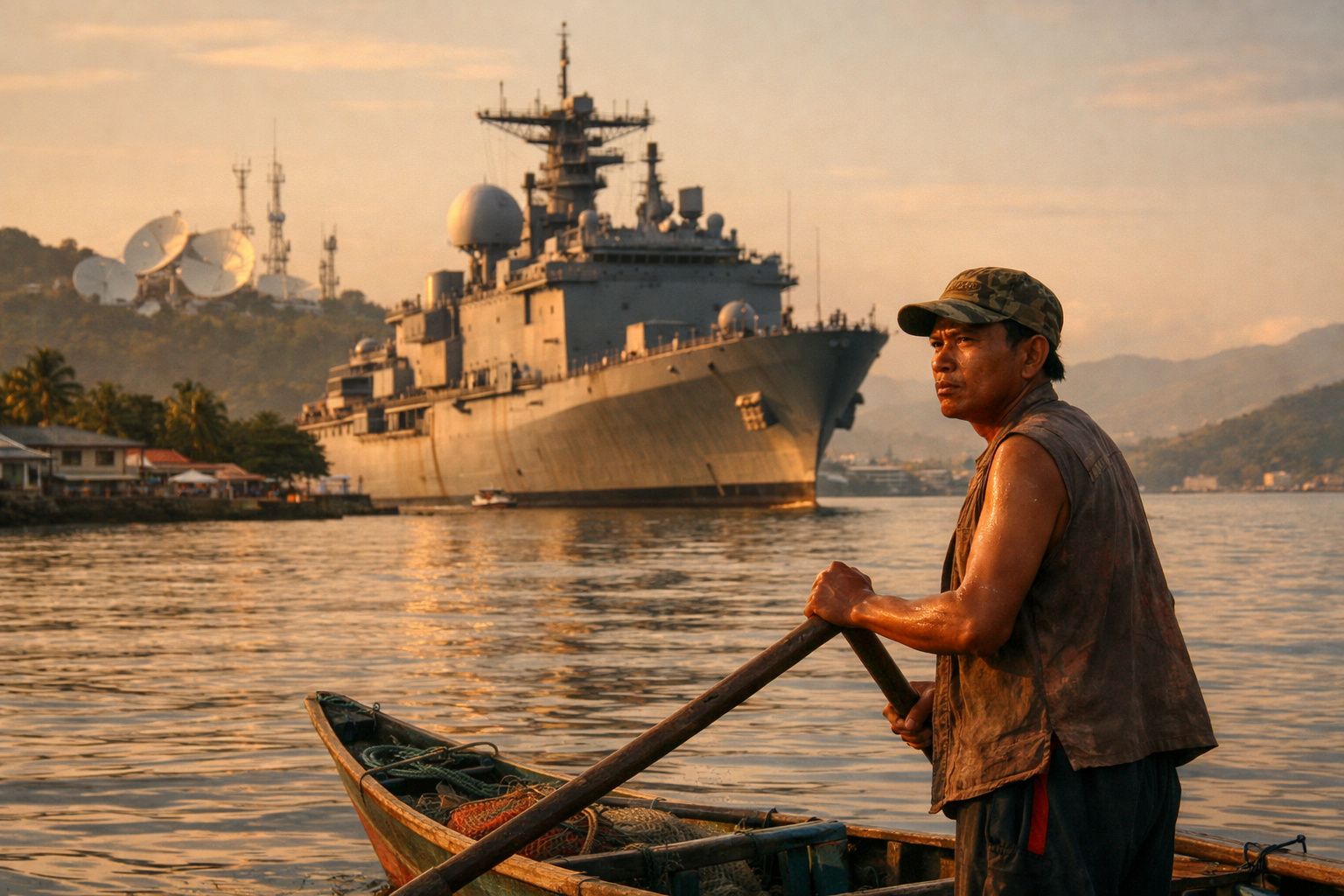 Homem remando em canoa com grande navio militar ancorado ao fundo na baía durante o pôr do sol.