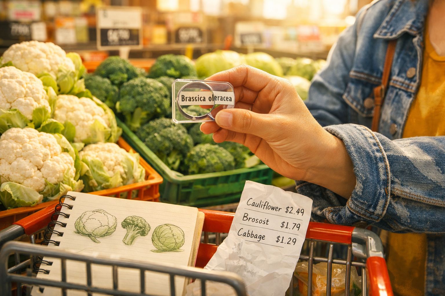 Pessoa segurando etiqueta com nome científico Brassica oleracea em feira com couve-flor e brócolis.