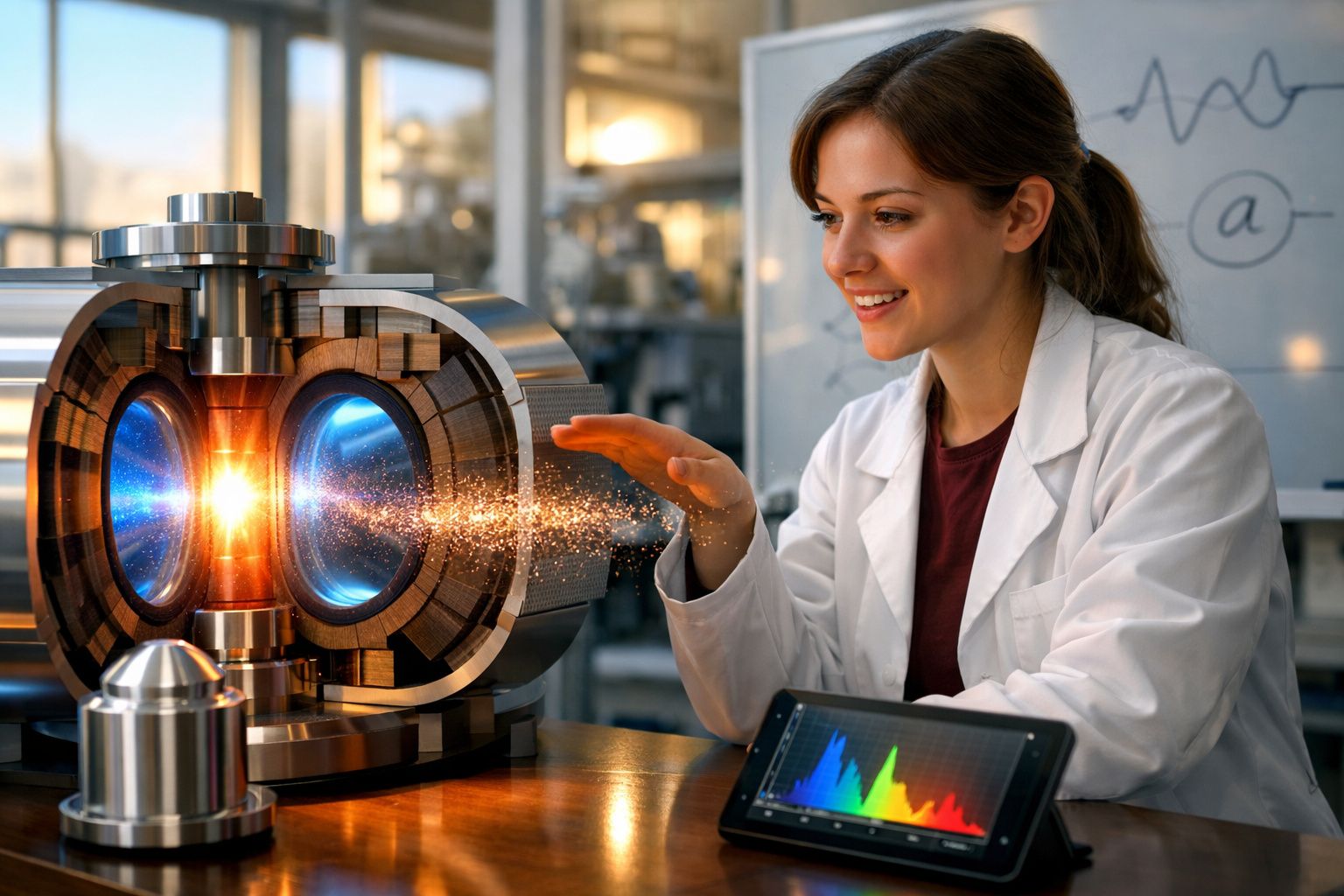 Mulher cientista em jaleco observa reação brilhante em aparelho tecnológico futurista em laboratório.