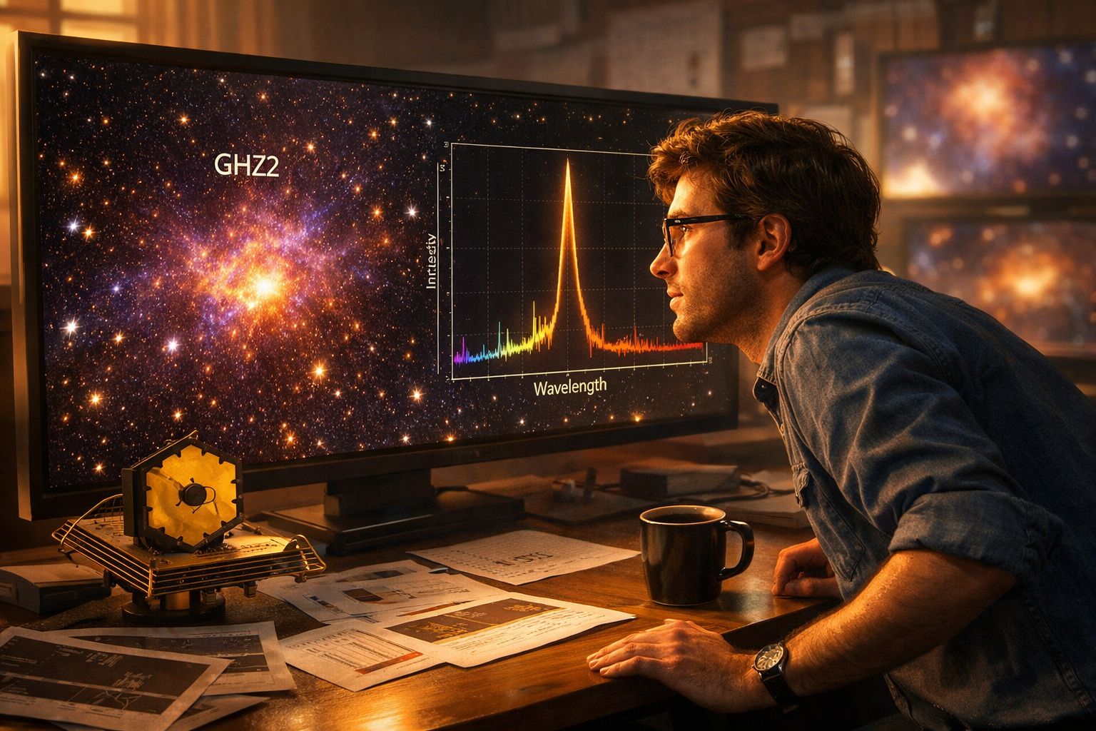 Homem observa dados de espectro e imagem de galáxia na tela de computador em ambiente de trabalho ciência.