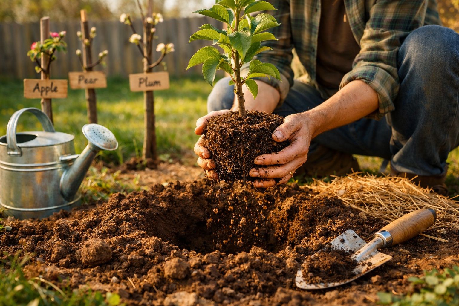Pessoa plantando muda em solo de horta com regador e pá ao lado, com placas identificando maçã, pêra e ameixa.