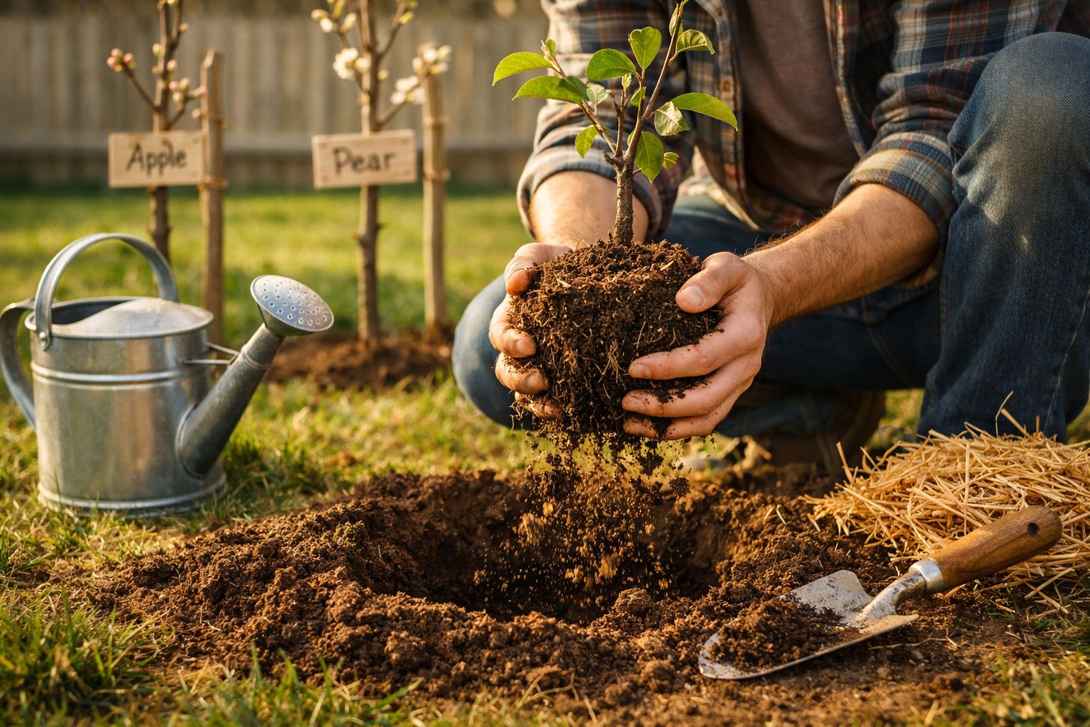 Pessoa plantando muda de árvore com regador e ferramenta de jardinagem ao lado em jardim.