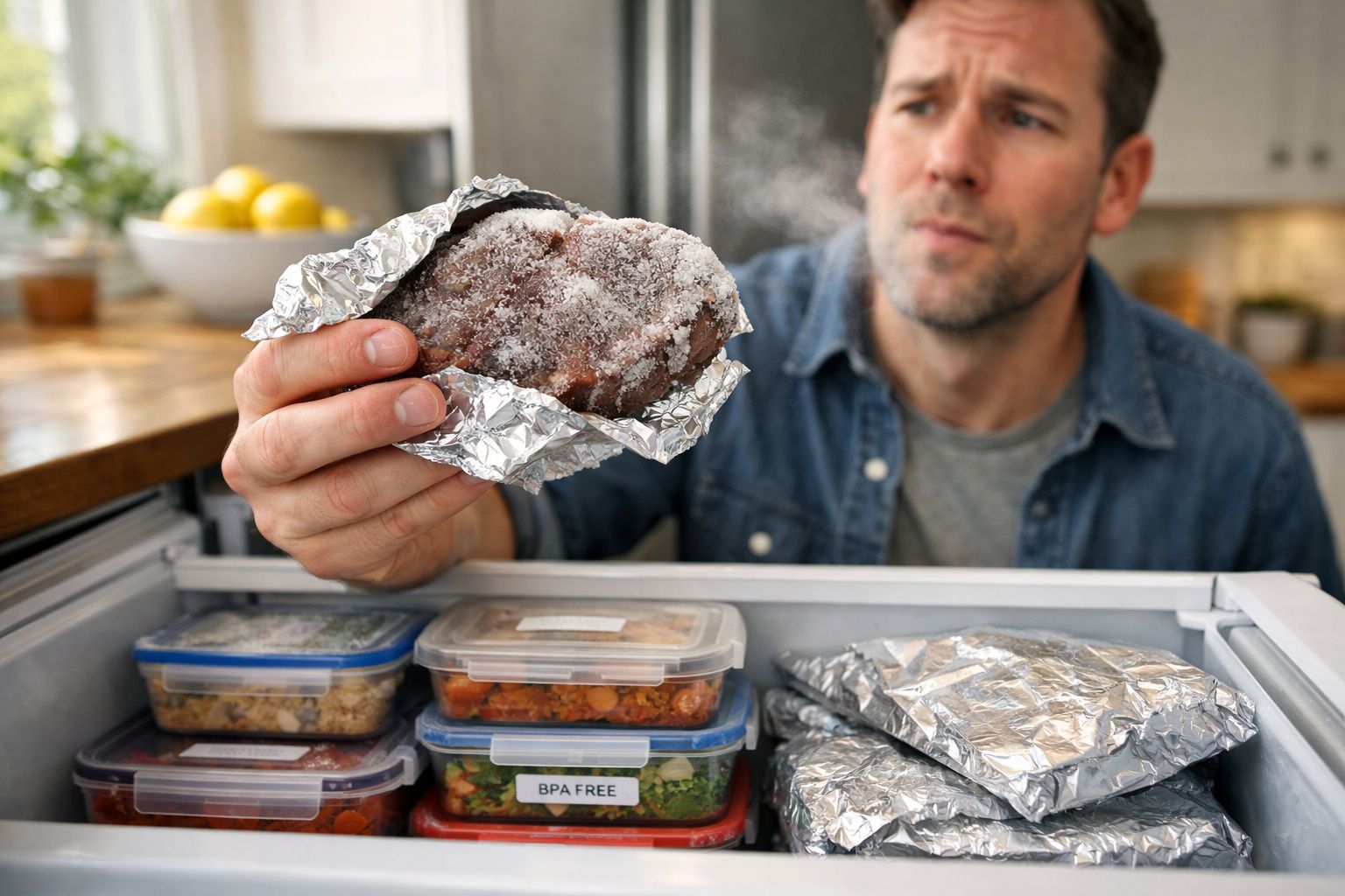 Homem segurando carne congelada embrulhada em papel alumínio em frente ao freezer aberto na cozinha.
