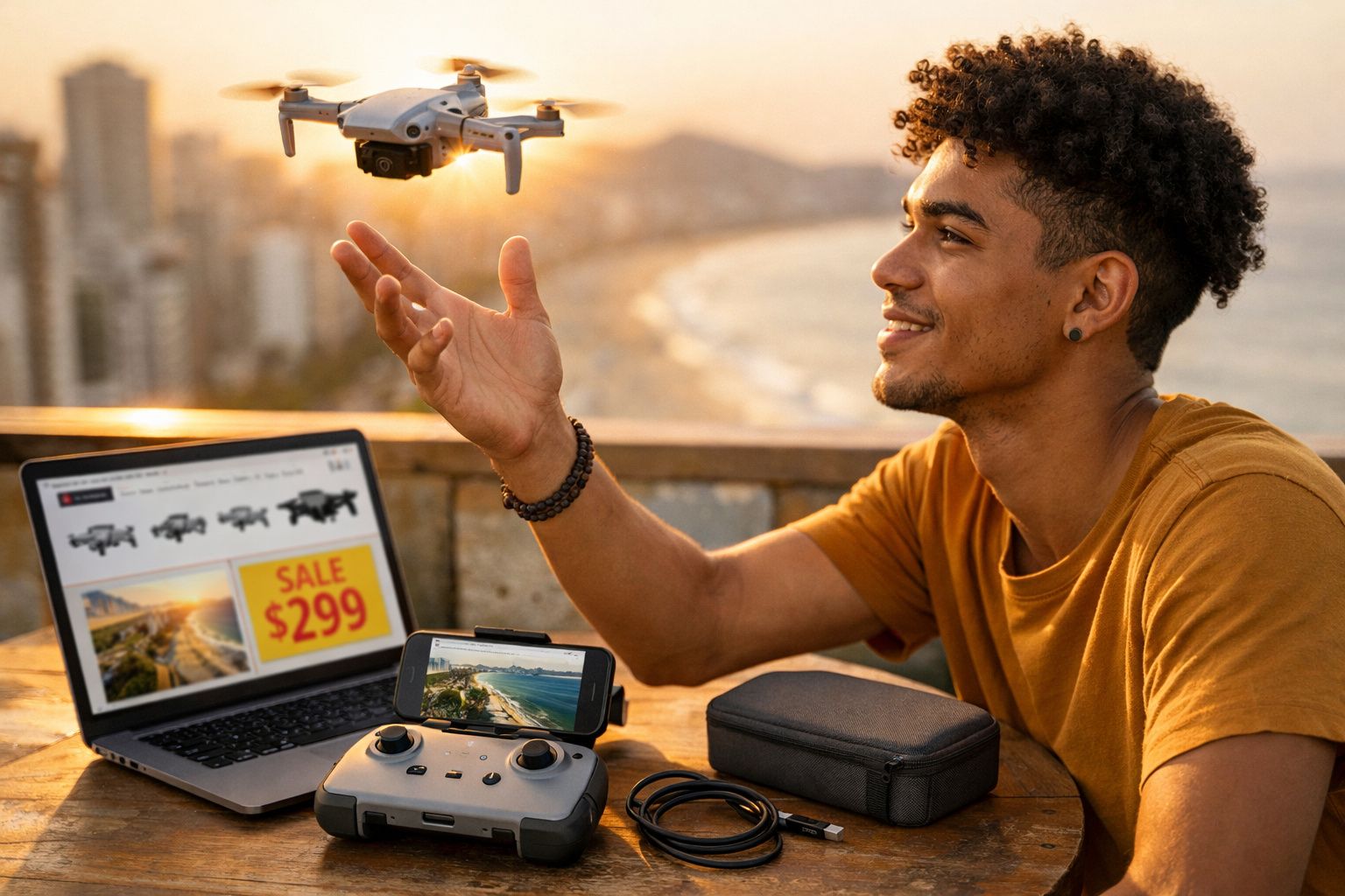 Jovem manuseia drone com controle remoto, laptop e celular com imagens da praia ao pôr do sol.