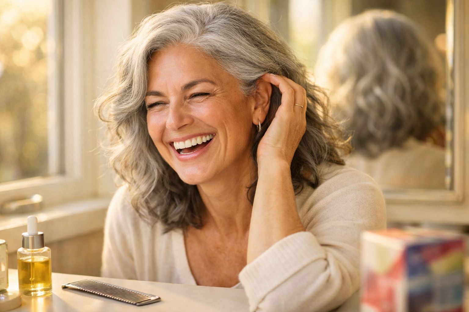 Mulher madura sorridente com cabelos grisalhos, tocando o cabelo, em ambiente interno iluminado.