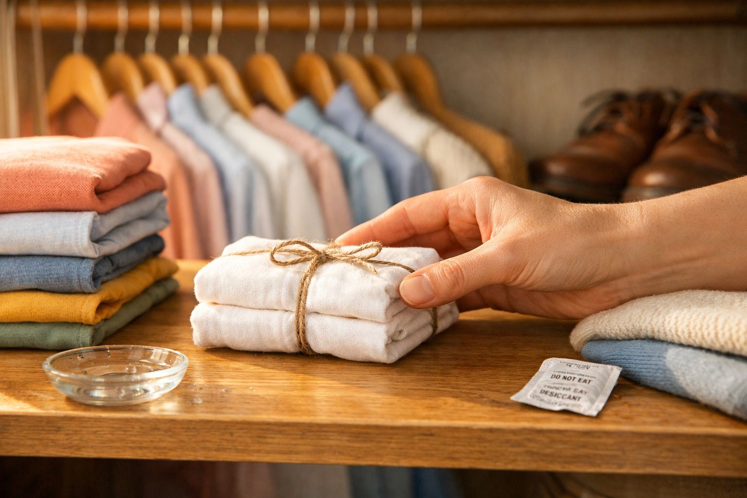Mão ajustando roupa branca dobrada e amarrada com barbante sobre mesa de madeira com roupas e sapatos ao fundo.