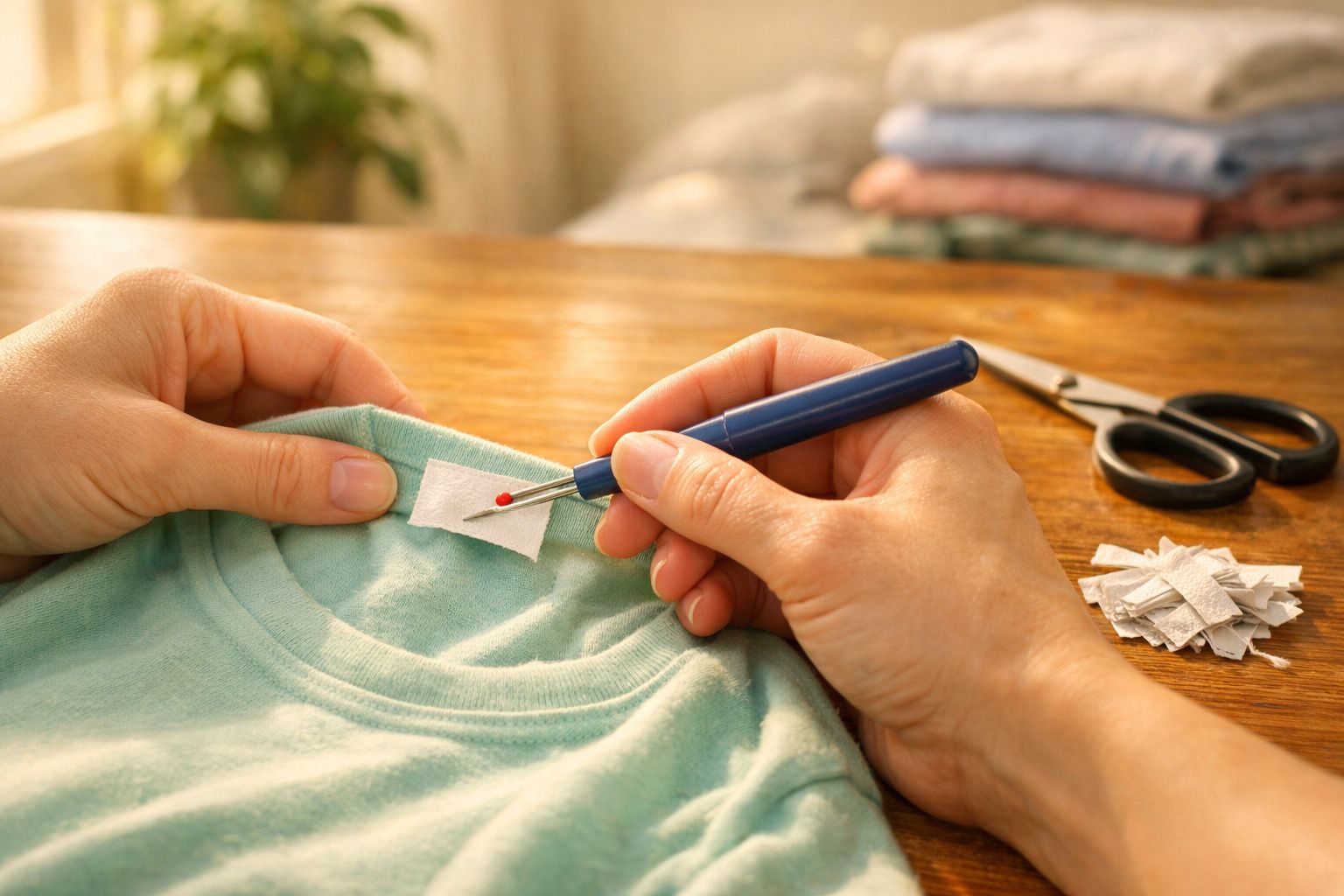 Mãos colocando etiqueta em camiseta verde sobre mesa de madeira com tesoura e roupas ao fundo.