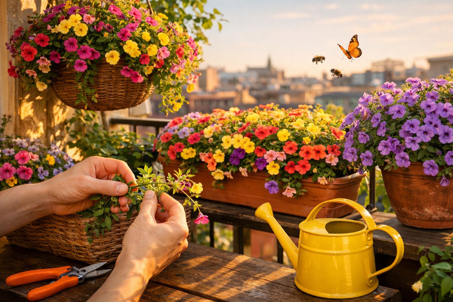 Mãos cuidando de flores coloridas em vasos, com regador amarelo e insetos voando ao fundo.