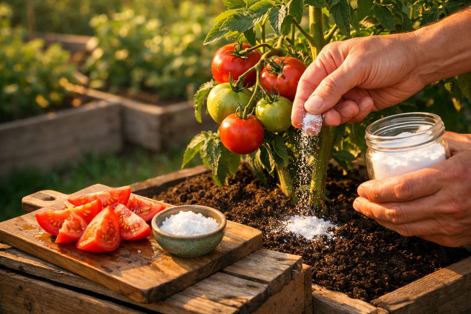 Mão aplicando sal na base de planta de tomate com tomates verdes e vermelhos e tomates fatiados ao lado.