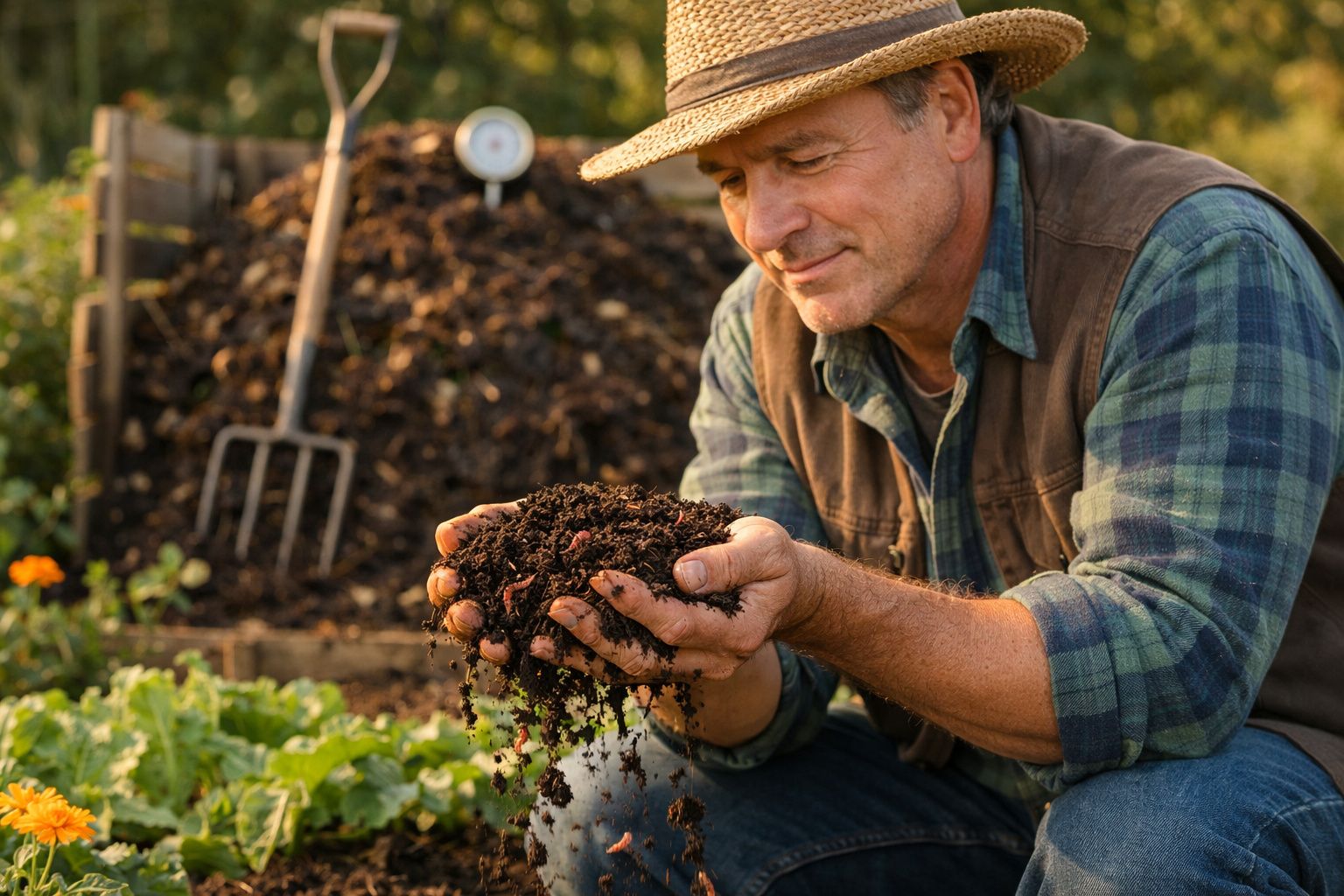 Homem com chapéu segurando terra fértil em jardim, com composto orgânico ao fundo.