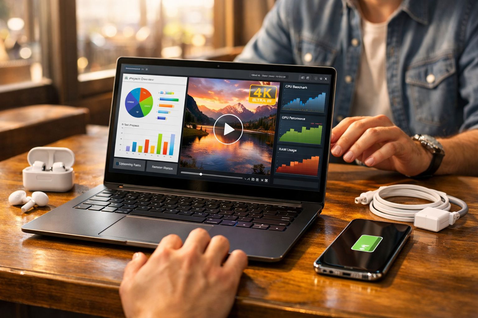 Laptop com gráficos e vídeo 4K aberto sobre mesa de madeira, fones de ouvido e smartphone carregando ao lado.