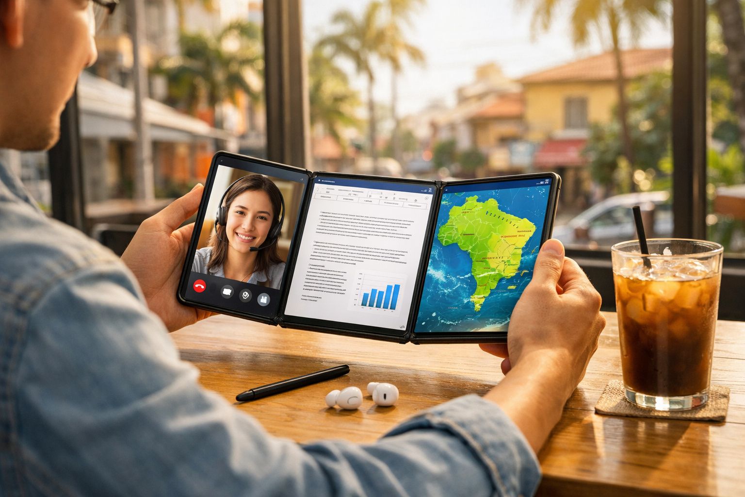 Pessoa usando smartphone dobrável com videoconferência, documento e mapa do Brasil em ambiente externo.