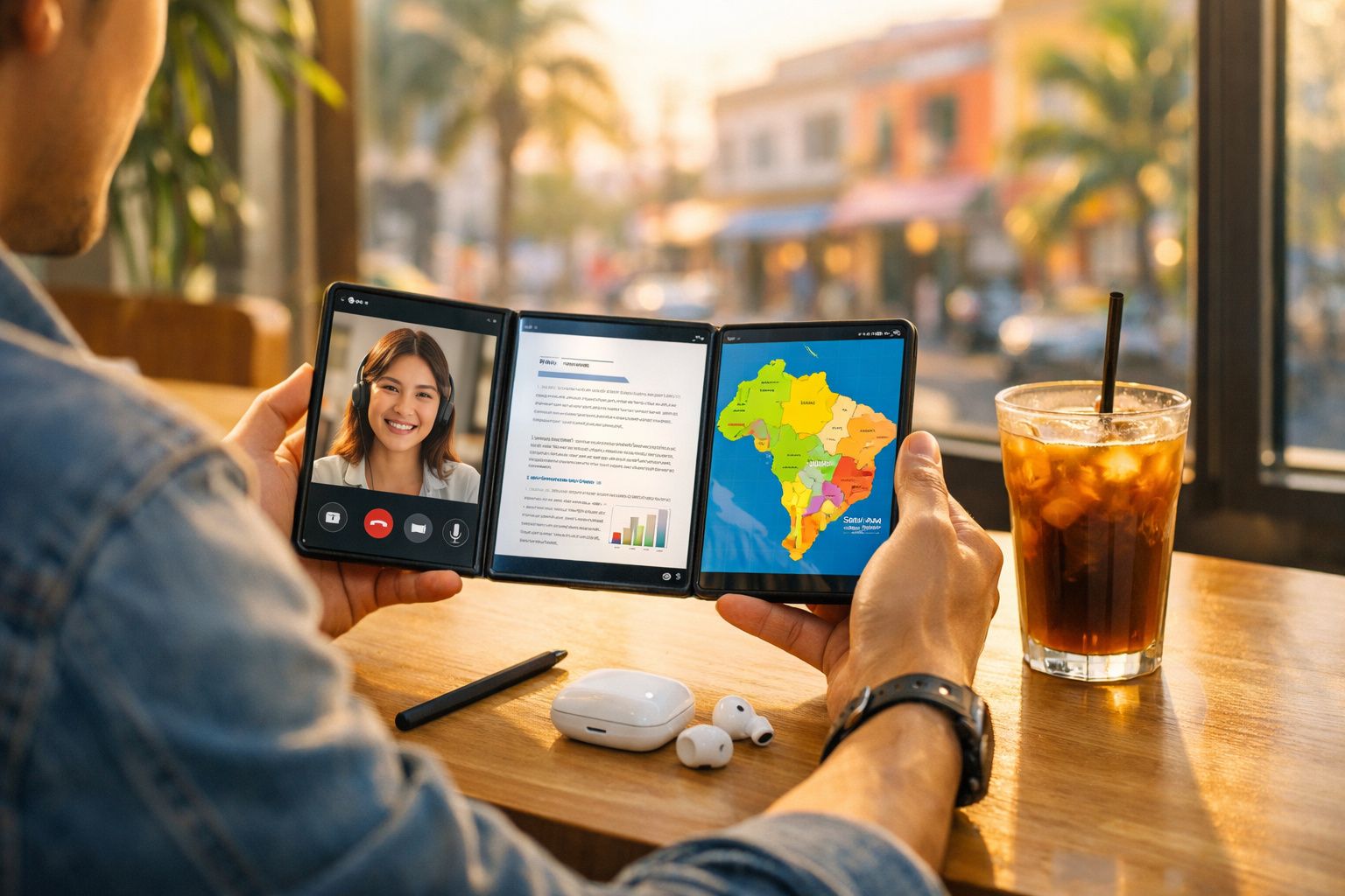 Pessoa segurando celular dobrável com chamada, documento e mapa do Brasil, ao lado de copo com bebida gelada.
