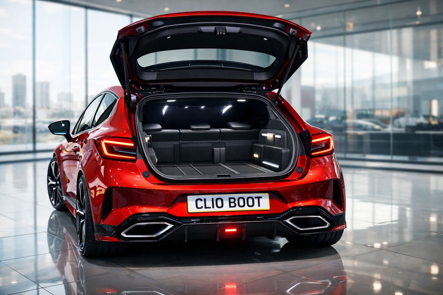 Carro hatchback vermelho com porta-malas aberto em ambiente interno moderno e iluminado.