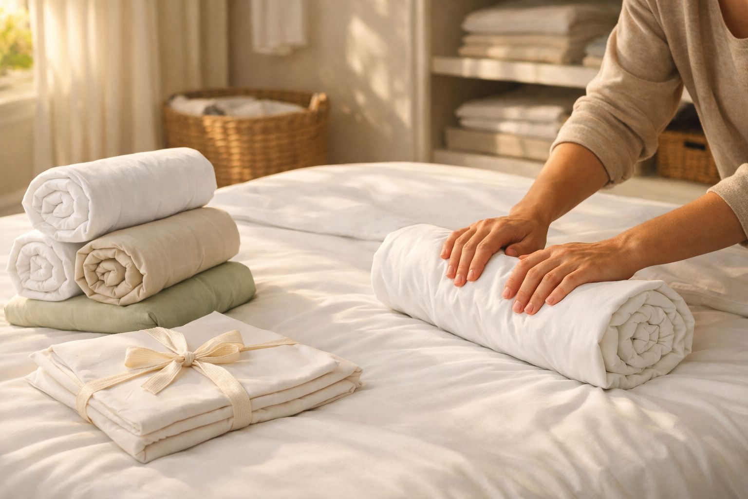 Mãos enrolando roupa branca em cama, ao lado de toalhas e lençóis dobrados e amarrados.