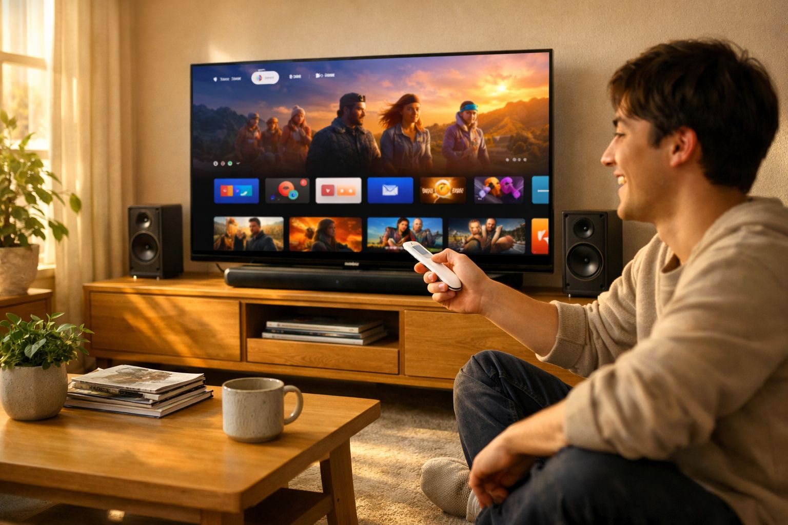 Homem sorrindo usando controle remoto para escolher filme em smart TV na sala de estar iluminada.