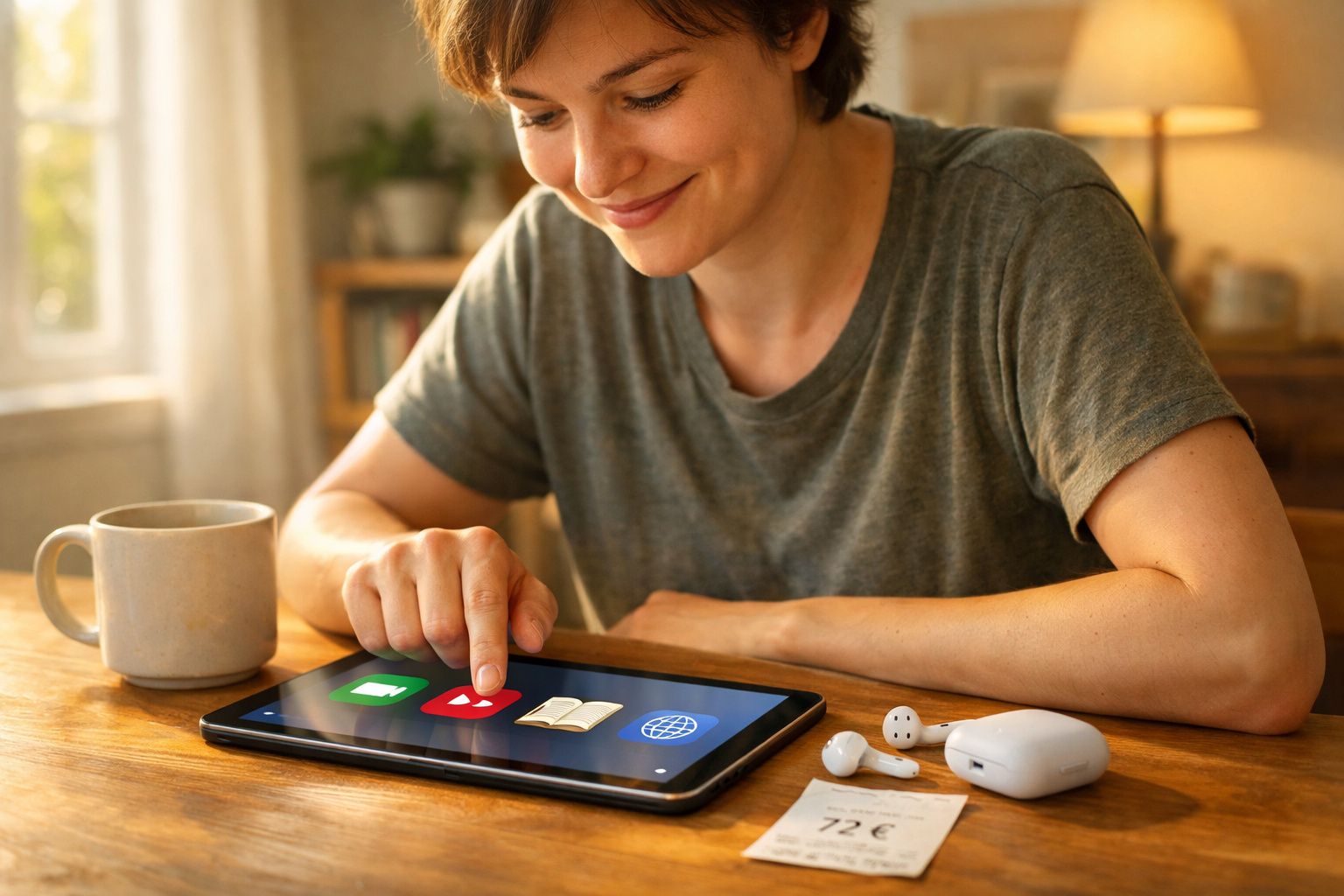 Pessoa tocando a tela de um tablet enquanto sorri, com fones de ouvido e uma caneca na mesa.