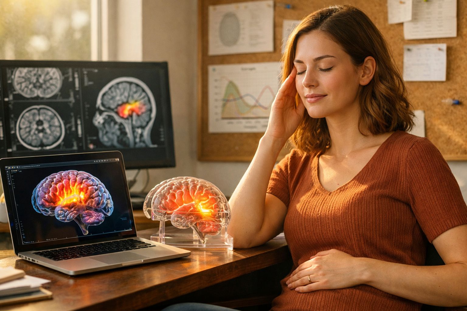 Mulher sentada com olhos fechados ao lado de maquete e imagens digitais de cérebro iluminado em escritório.