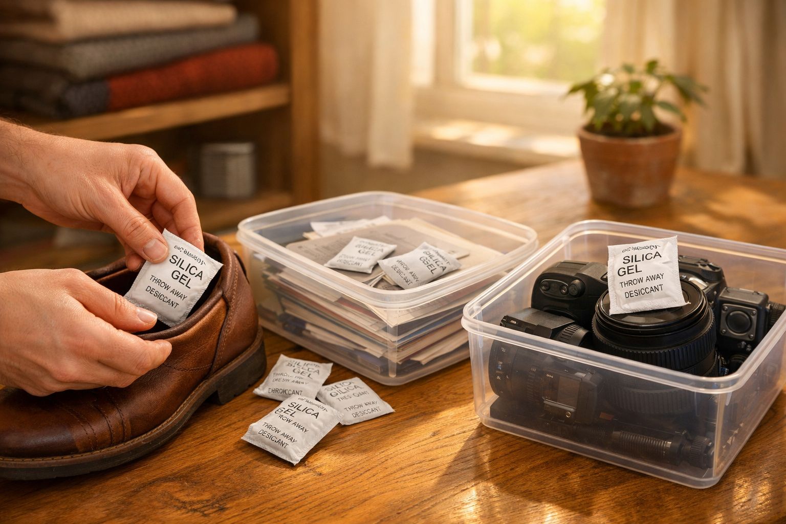 Mãos colocando saquinho de gel de sílica dentro de sapato, com caixas plásticas e aparelhos eletrônicos ao fundo.